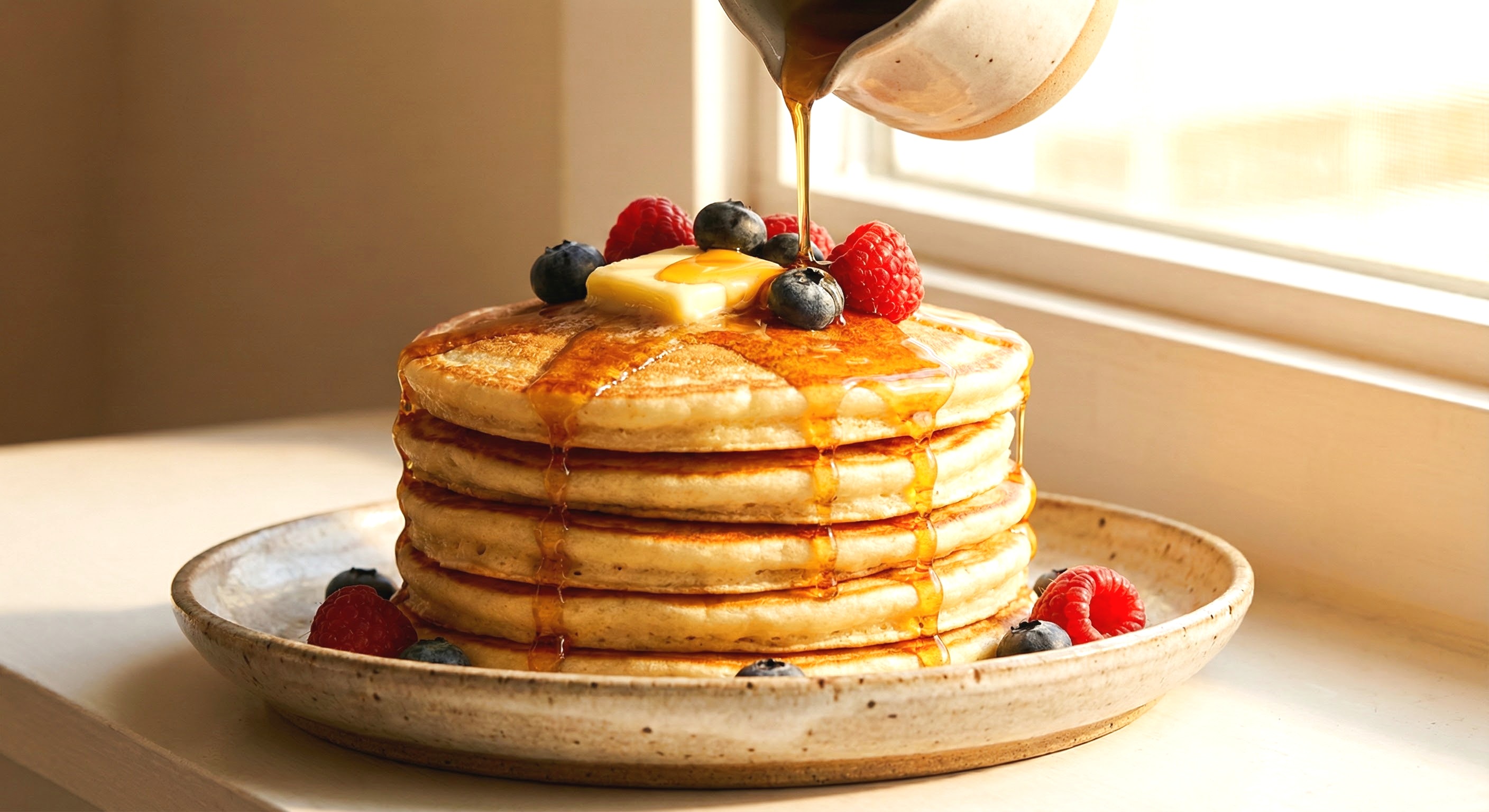 Golden buttermilk pancakes stacked with butter
